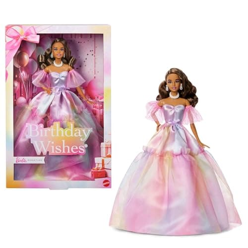 Image of Barbie Signature Birthday Wishes Fashion Doll with Brown Hair in Dress with Pastel Rainbow Effect, Collectible Toy with Giftable Packaging, JJX78