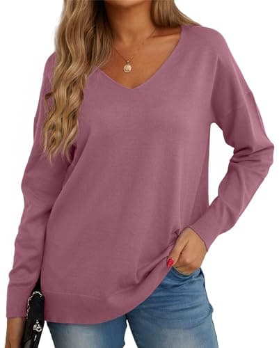 Image of GRECERELLE Women's Casual Jumpers Sweatshirt Ladies Classic Plain Pullover Knit V Neck Long Sleeve Jumper Tops Blouse T-Shirt for Winter Fall Spring (14 Red Grey, M)