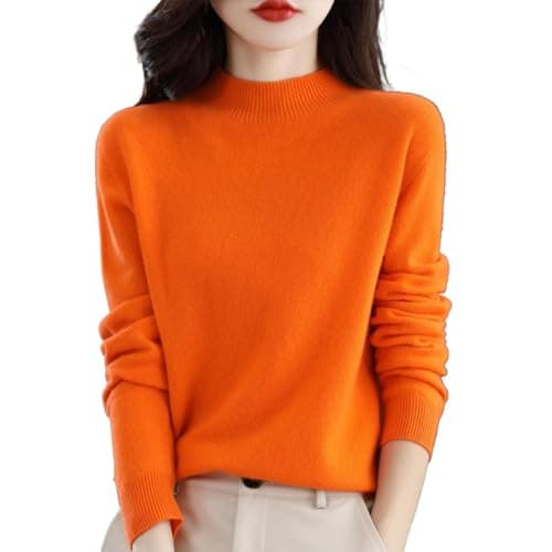 Image of Cashmere Jumpers Ladies Women's Semi Turtleneck Sweater Autumn and Winter Warm Loose Sweater Jumpers for Women UK Long Sleeve Solid Color Pullover with A Base Shirt (D-Orange, XL)