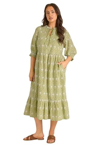 Image of EVANS Curve Tie Neck Broderie Cotton Maxi Dress - Women's - Plus Size Curve Green