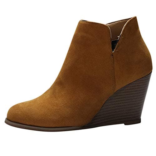 Image of SoonerQuicker Chelsea Boots Women High Heels Wedges Suede Leather Ankle Boots Ladies Boots Zipper Fashion Booties (5 UK, Brown)