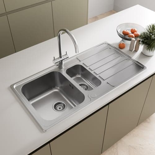 Image of SÄUBER® 970 x 500mm Stainless Steel Kitchen Sink One and Half 1.5 Bowl Inset Drop in Installation, Right Hand Drainer, 18/8 Grade Steel Sinks, Free Basket Strainer Waste
