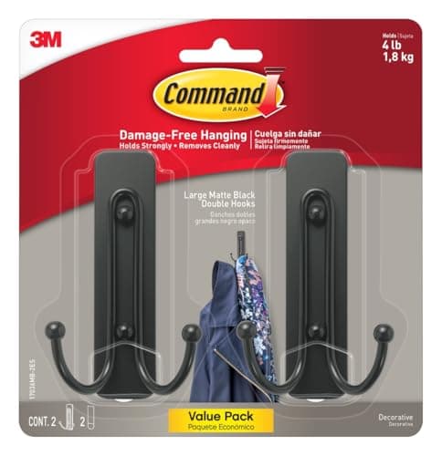 Image of Command 17036MB-2ES Large Wall Hooks, 2 Pack, Matte Black