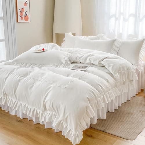 Image of Guchuang Bedding Ruffle King Size Duvet Cover Set, White 3-Piece Bedding Set - Soft Microfiber, Wrinkle-Resistant & Decorative Duvet Cover with Hidden Zipper (King, 220x230cm)