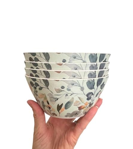 Image of Range Company 4 Pack Bamboo Bowls - 22 Ounce Reusable Bowl - Dishwasher Safe - Bamboo Dishes - Non Toxic - Family Friendly Dinnerware, Durable, Soup, Snack, Ice Cream, Salad dish set (Gentle Leaves)