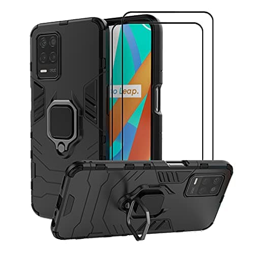 Image of MMlife for Realme V13 5G / Realme 8 5G Kickstand Case with Tempered Glass Screen Protector [2 pieces], Hybrid Heavy Duty Armor Dual Layer Anti-Scratch Case Cover, Black