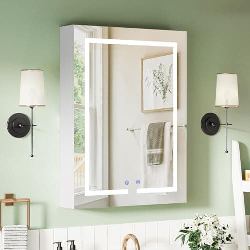Image of BELIWIN Bathroom Mirror Cabinet 600 x 800 mm with LED Lights, Touch Control, 3 Colour Dimmable Illuminated Mirror, Demister Pad & Shaver Socket