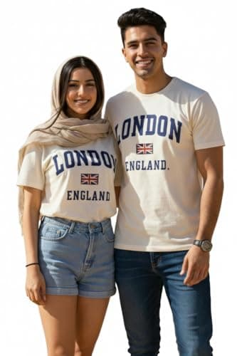 Image of Unisex London England Applique Embroidery T-Shirt | Premium Cotton Tee with Union Jack Patch | 4 Colors | Sizes XS-4XL (UK, Alpha, XXL, Regular, Regular, Off-White)