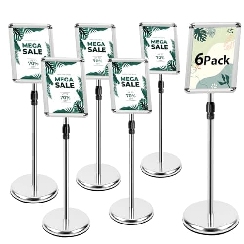 Image of Mutualsign 6Pack A4 Stand Sign Holder Display Free Standing Signs Aluminium Floor Poster Stands, Angle & Height Adjustable A4 Sign Stand for Restaurant/Business/Meeting(Silver-6Pack)