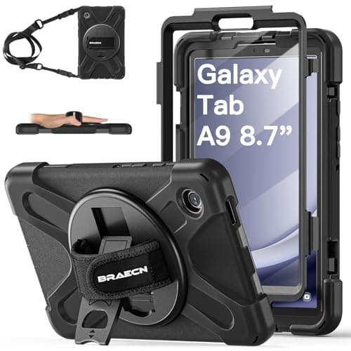 Image of BRAECN Case for Samsung Galaxy Tab A9 8.7 Inch SM-X110/SM-X115/SM-X117), Heavy Duty Shockproof Sturdy Cover with Screen Protector, 360° Rotating Hand Strap & Kickstand, Shoulder Strap, Black