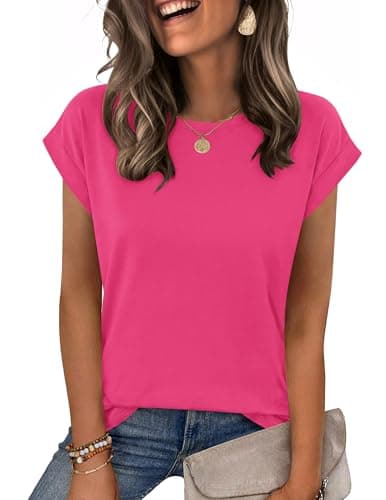 Image of Zeagoo T Shirts for Women Crew Neck Tops Summer Tee Fashion Dressy Tunic Blouses for UK Hot Pink L
