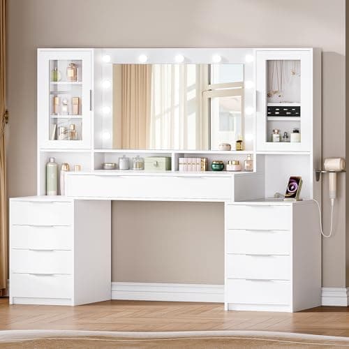 Image of Hzuaneri Dressing Table with Lighting, Power Strip, 150 cm Vanity Desk with 10 Drawers, Adjustable Brightnes, Glass Door Storage Cabinet, White DT43703XUK