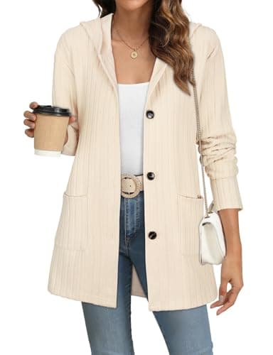 Image of Gemulate Women's Long Cardigans Ladies Hooded Cardigan Button Down Loose Long Sleeve Knitwear Oversized Sweater Cardigan with Pockets for Autumn Winter Spring Apricot XL