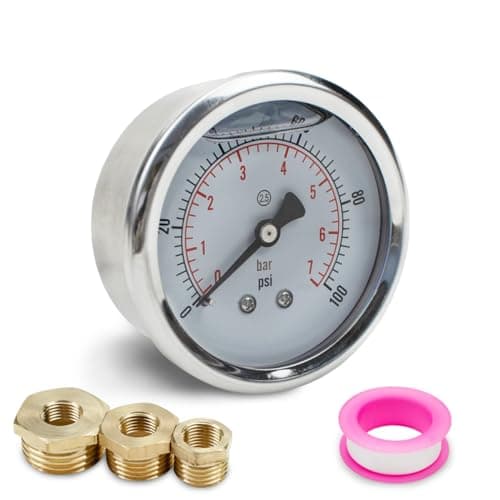 Image of Innfeeltech 1 Pcs 40mm Pressure Gauge BSP 1/8" 0-7 Bar 0~100 Psi with 3 Pieces Bushing 1/8" to 1/4", 1/8" to 3/8" and 1/8" to 1/2" and One Teflon Tape, Axial