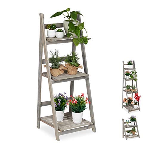 Image of Relaxdays Multi-Tier Flower Shelf, Wooden Plant Ladder Rack, Folding, HWD: 108 x 41 x 40 cm, Grey