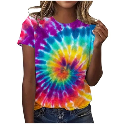 Image of AMhomely Summer Tops for Women UK Ladies Tie Dye Tops Plus Size Rainbow Gradient Tunic Blouse Crewneck Casual Pullover Shirts Loose Sports Tee Shirts Active Athletic Blouse Blue L