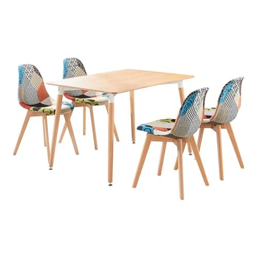 Image of Halo 5-Piece Dining Set – Modern Retro Rectangular Table with Solid Wood Legs & 4 Patchwork Mid-Century Chairs – Compact Kitchen or Dining Room Set for 4 – Stylish, Comfortable & Easy to Assemble