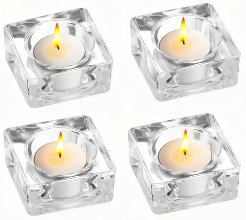 Image of 4 Pcs Clear Glass Tealight Candle Holders, Various Shapes, Suitable for 4cm Diameter Tea Lights, Ideal for Home Décor, Weddings, Parties and Table Settings (Square)