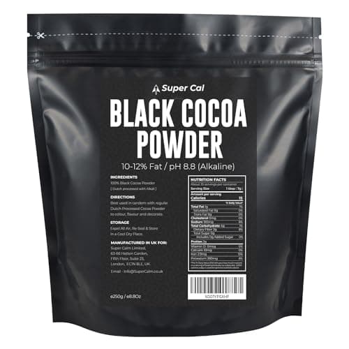 Image of Black Cocoa Powder for Baking - 250g Pouch | Intense Deep Black Dutch Processed Unsweetened Cocoa Powder | pH 8.8 (Zero Bitterness) with 10-12% Fat | Super Cal