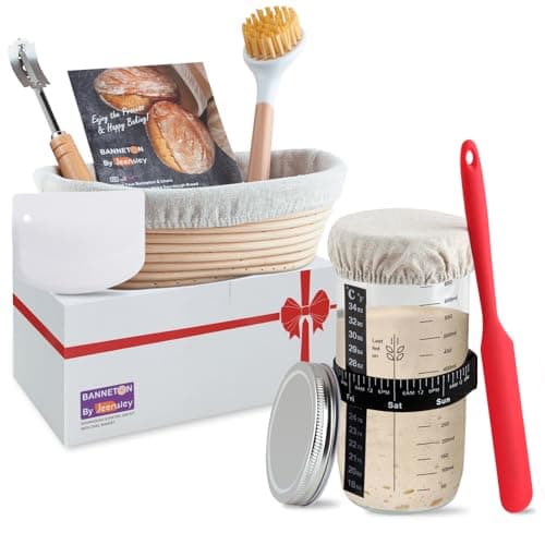 Image of Jeensley Banneton Oval Proofing Basket Set with 2026 Leaflet, Liner and Sourdough Starter Jar Bread Making Tools Bread Making Supplies