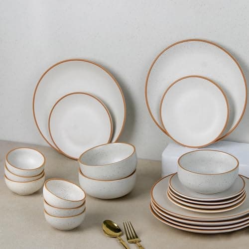 Image of The Earth Store Handcrafted White Matte Brown 21 Piece Ceramic Dinner Set, 6 Full Dinner Plates, 6 Quarter Plates, 6 Vegetable Bowls, 3 Snack Bowls | Microwave & Dishwasher Safe