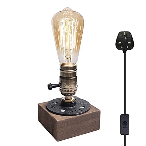 Image of Luxvista E27 Vintage Wooden Table Lamp Base, Industrial Edison Desk Lamp Holder with UK Plug, Rustic Bedside Desk Lamps for Cafe Bar Bedroom Living Dining Room Decoration (Bulb Not Included)