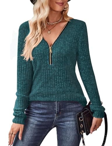 Image of Gemulate Womens Clothes Long Sleeve Tops Ladies Jumpers V Neck Zipper Sweaters Casual Navy Sweater Striped Sweatshirts Tshirt Dark Cyan Medium
