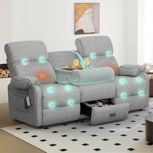 Image of BareTay 3 Seater Recliner Sofa Recliner Chair Reclining Loveseat with Massage & Heat, Flip-Down Console with Dual Cupholders Drawer Side Pockets Reclining Chairs Couchesfor Living Room