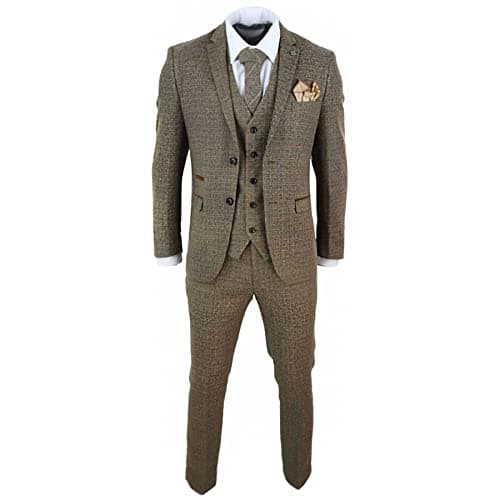 Image of Mens 3 Piece Suit Tweed Check Vintage Retro Tailored Fit 1920s Brown