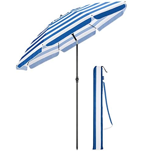 Image of CHRISTOW Beach Umbrella Portable Tilting Parasol Sun Shade with UV Protection and Bag 2m (Blue and White Striped)