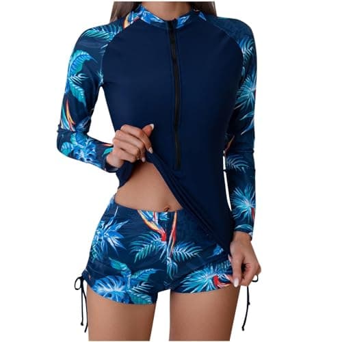 Image of Womens Rash Vest Long Sleeve UV UPF 50+ Bathing Suit Womens Swim Shorts and Top Set 2 Piece Swimsuits Rash Guard for Surfing Beachwear Quick Dry Swimming Costume Set Sports Modest Swimwear