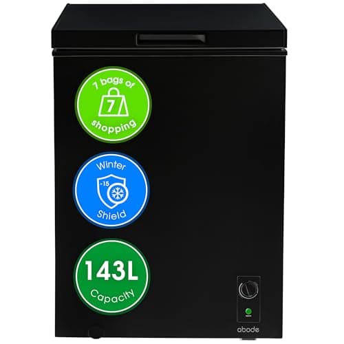 Image of Abode Freestanding Black Chest Freezer 142L with Removable Wire Basket & Counter Balance Lid, Adjustable Thermostat, Suitable for Garages & Outbuildings A142CF0E1B (Black, 143 Litre)