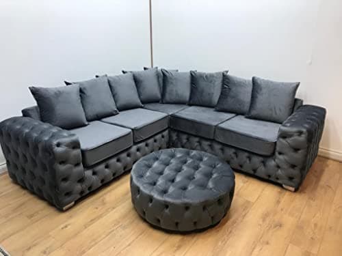Image of bed bae Ashley Chesterfield Upholstered Velvet Scatter back Cushion Sofa | Sofas & Couches | Luxurious Modern Grey Plush 5 Seater Corner Sofas For Living Room | Sofa with Cushions