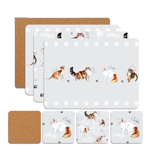 Image of SiXsigma Sports Placemats & Coasters Set Heat Resistant Cork Placemats Table Mats For Dining Kitchen Place Mats Set of 8 - Ideal Table Christmas Decorations 21.5 x 29cm (Cute Cats)