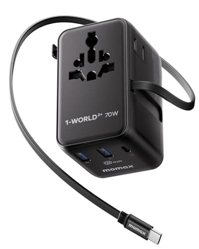 Image of Momax Universal Travel Adapter with Cable, 70W GaN Travel Plug Adapter Worldwide with 2 USB-C & 2 USB-A, AC Outlet, Type A/C/G/I Plugs for 200+ Countries, Safe for Laptops, Phones, Black