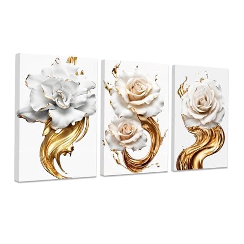Image of CCWACPP 3 Piece Floral Canvas Wall Art Gold And White Rose Pictures Abstract Flowers Painting Prints Modern Bedroom Living Room Home Decor Framed (B, (28x35cmx3))