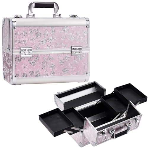 Image of Professional Vanity Case Make Up Case Large Makeup Box Beauty Organiser Cosmetic Makeup Organiser Box 4 Trays Lockable Lock with Keys, Pink
