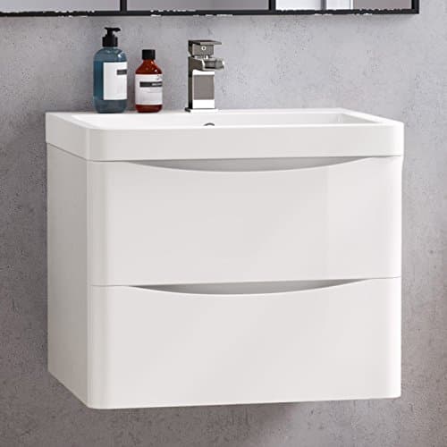 Image of 600 mm Modern White Vanity Sink Unit Ceramic Basin Wall Hung Bathroom Furniture