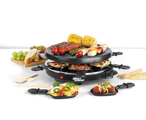 Image of Giles & Posner Electric Round Raclette Grill - Indoor Tabletop 6 Person Raclette, Non-Stick Grill Pans, Includes Spatulas, Approx. Plate Size 29 cm, 800 W, Party Food Machine, Buffet