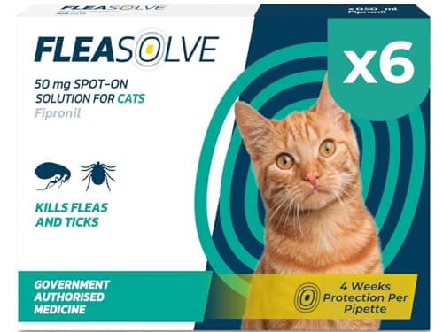 Image of Cat Flea Treatment Spot On x 6 - Flea Treatment Cat Spot On for Cats & Kittens Over 1kg - 6 Pipettes, 6 Doses - Fast-Acting FleaSolve Solution