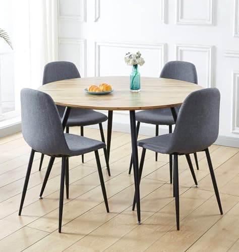 Image of Hallowood Furniture Cullompton Round Dining Table and Chairs Set 4, Light Oak Effect Top Large Kitchen Table and Chairs in Grey Fabric Upholstery and Metal Legs for Home, Office & Café