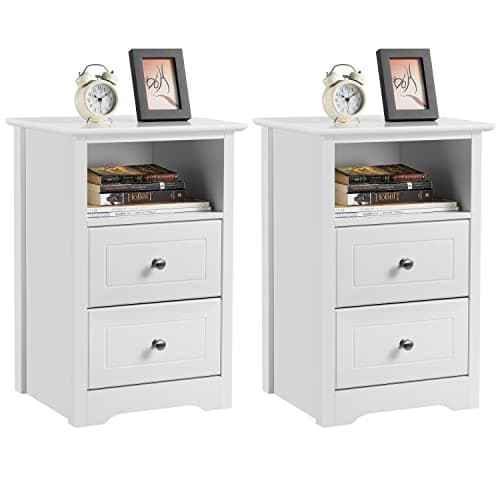 Image of Yaheetech Bedside Tables Set of 2, Wooden Nightstand with 2 Storage Drawers, Open Compartment, Sturdy Modern Cabinet for Bedroom, Living Room, 35x40x60 cm, White