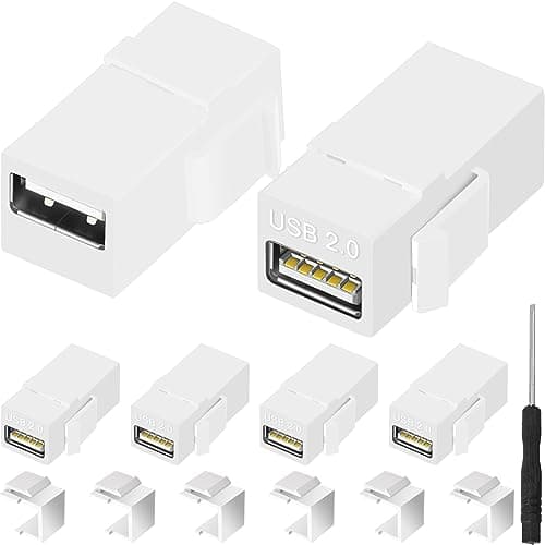 Image of Xiatiaosann USB Keystone Adapter, USB Female to Female Coupler Jack Insert Connector Interface Socket for Wall Plate Outlet Panel, with Blank Keystone Jack Inserts, White, 6 PCS