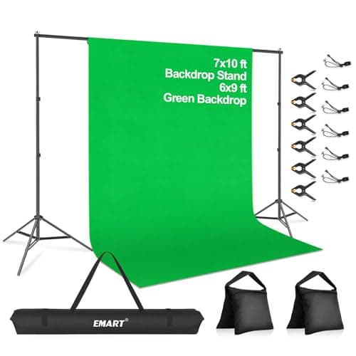 Image of EMART Green Screen Backdrop with Stand Kit,2 x 3m/ 7 x 10ft Photography Background Support Stand with 6x9ft Cotton Muslin Chromakey Greenscreen for Photo Video Studio YouTube Streaming Equipment