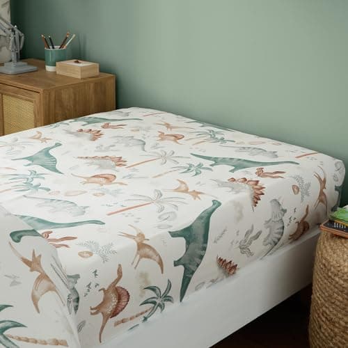 Image of Happy Linen Company Girls Boys Kids Scandi Saurus Dinosaur Ivory Single Fitted Sheet Bedsheet Bedding Bed Linen