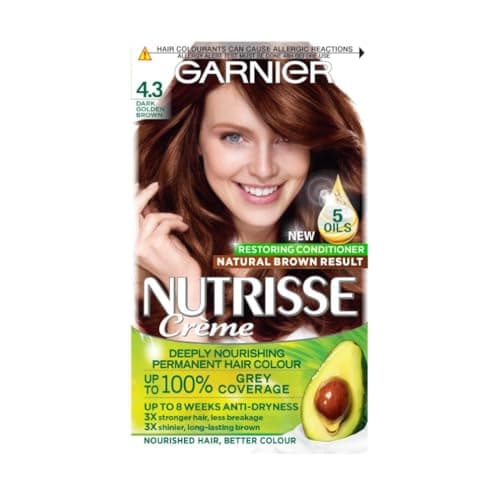 Image of Garnier Nutrisse Ultra Crème Vegan Hair Dye, 4.3 Dark Golden Brown. Achieve 100% grey coverage and a rich, sun-kissed 8-week colour. A gentle, no-ammonia, vegan formula for vibrant dark golden tones.