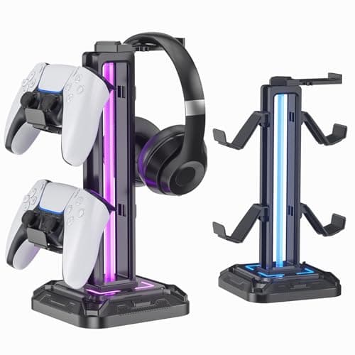 Image of KDD Headset Stand with 9 Light Modes - Gaming Controller Holder for Desk - Rotatable Headphone Stand & Detachable Controller Hook for Gamer Gaming PC Xbox ONE PS5 Earphone Accessories(Black