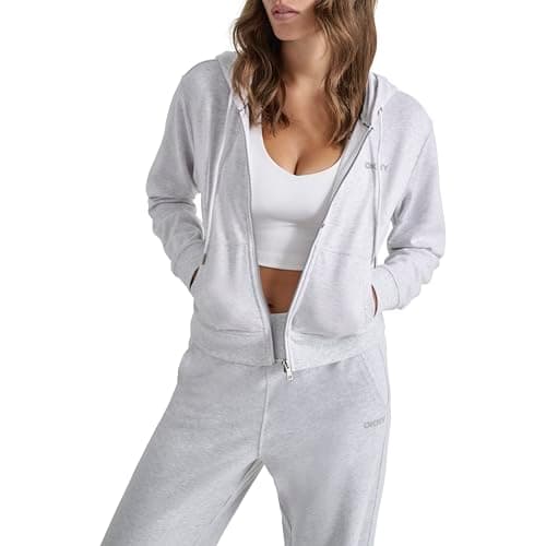 Image of DKNY Women's Mini Stud Logo Full Zip Hoodie Jacket, Optic Heather, M