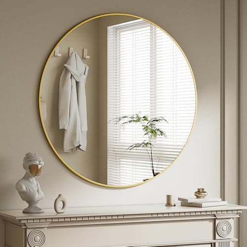 Image of BEAUTYPEAK 90 cm Round Mirror, Shatterproof Wall Mirror with Aluminium Frame, Bathroom Mirror for Hanging and Leaning, Round Wall Mirror for Bedroom, Bathroom, Living Room, Gold