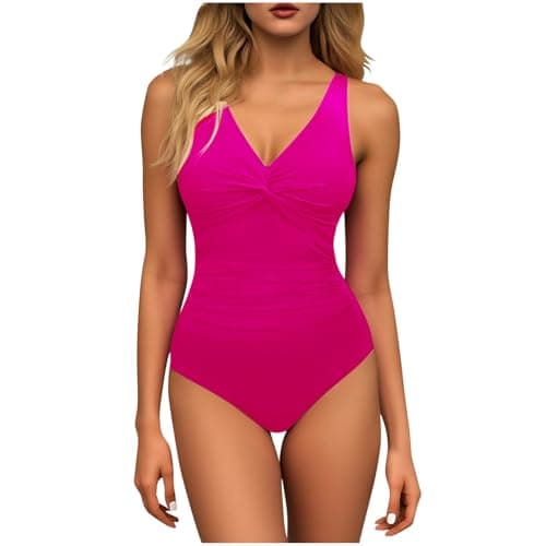 Image of KUIH Tummy Control Swimming Costume Women Scoop Neck One Piece Swimsuit Push Up Padded Swimwear Sport Athletic Backless Monokini High Waist Bathing Suit with Adjusttable Strap Hot Pink